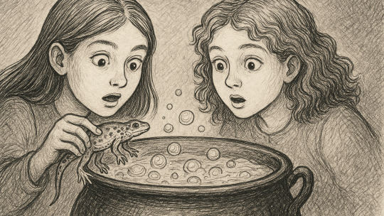two girls looking into a cauldron, one holding a newt.