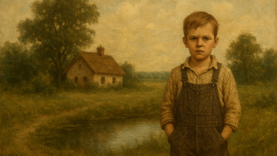 a young boy in overalls stands in the foreground of a cottage and a pond.