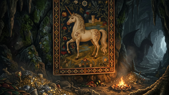 a unicorn tapestry in a dragon's cave.