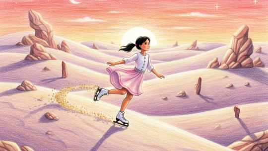 a young girl ice skating on sand dunes in the desert.